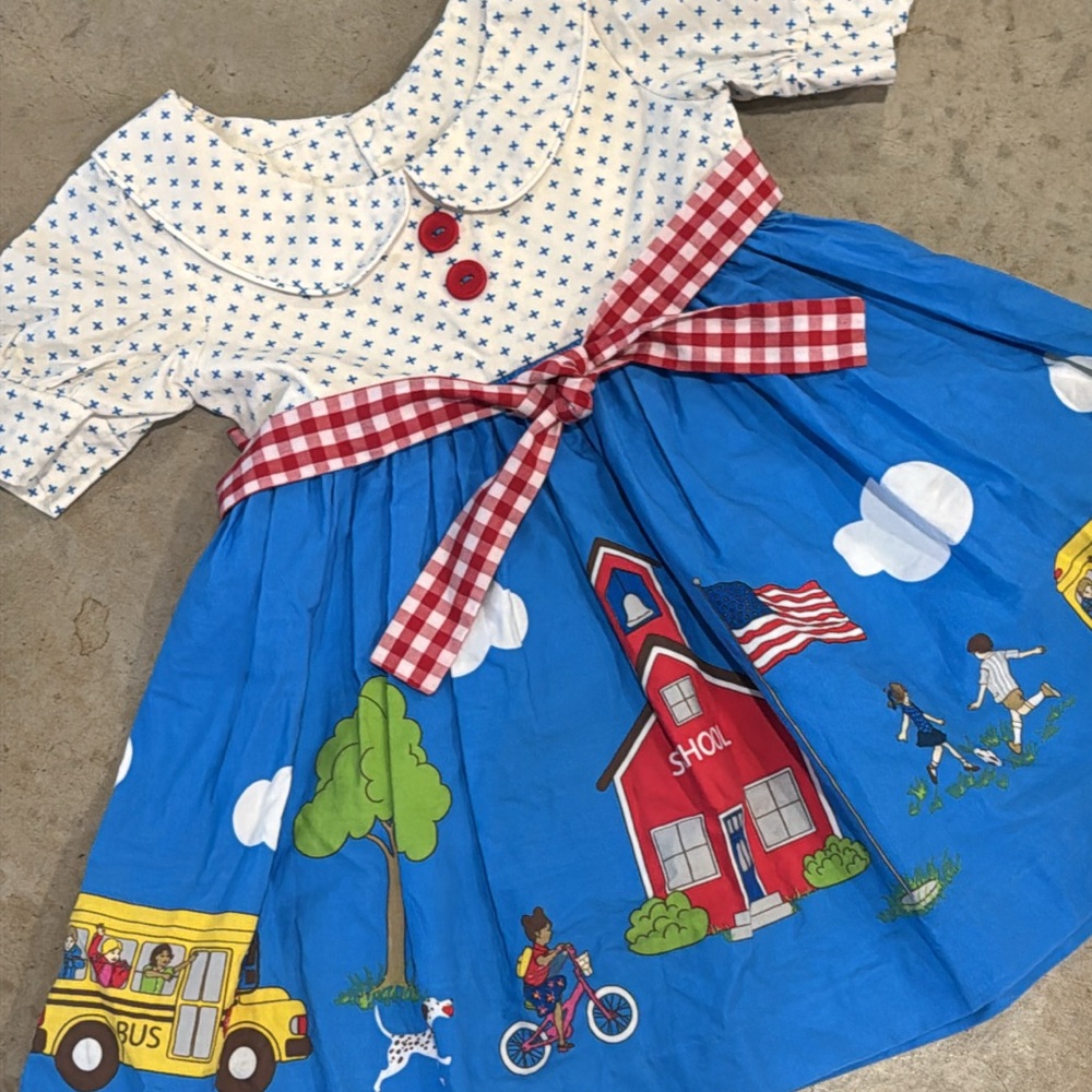 Blue and White Children's Dress with Red Accents